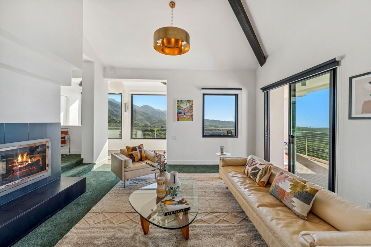 Fireplace, Interior, Living room, Pendant Lights, Wooden Beams