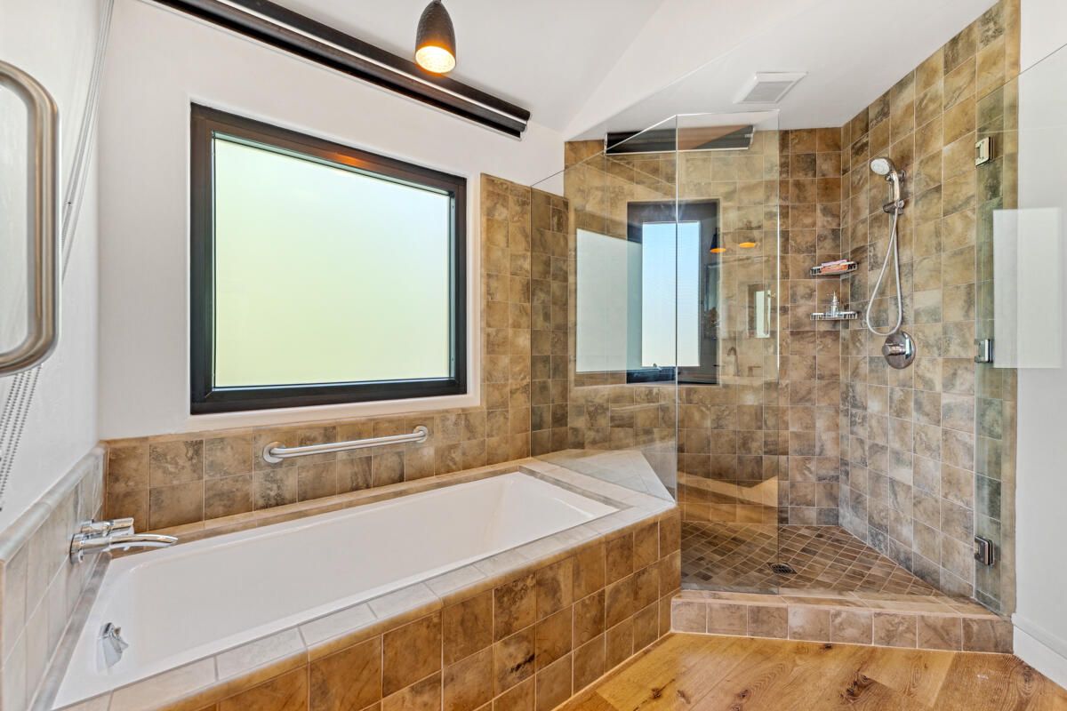 Bathroom, Glass Shower, Interior, Wood Texture Flooring