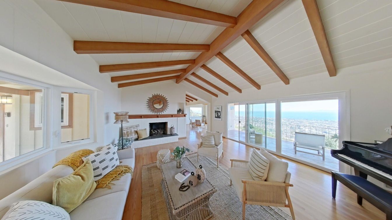 Fireplace, Interior, Living room, Piano, Water, Wooden Beams, Wood Texture Flooring