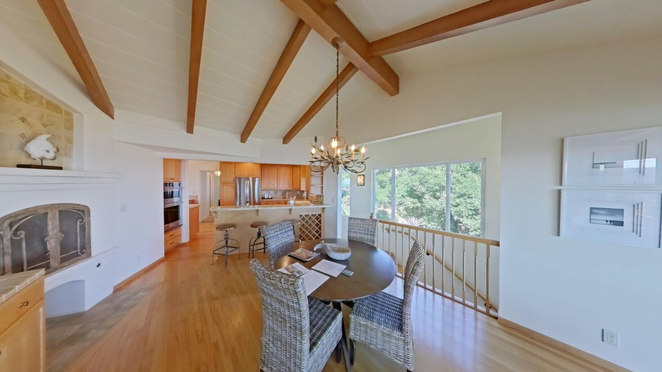 Chandelier, Dining room, Fireplace, Interior, Kitchen, Stainless Steel Appliances, Wooden Beams, Wood Texture Flooring