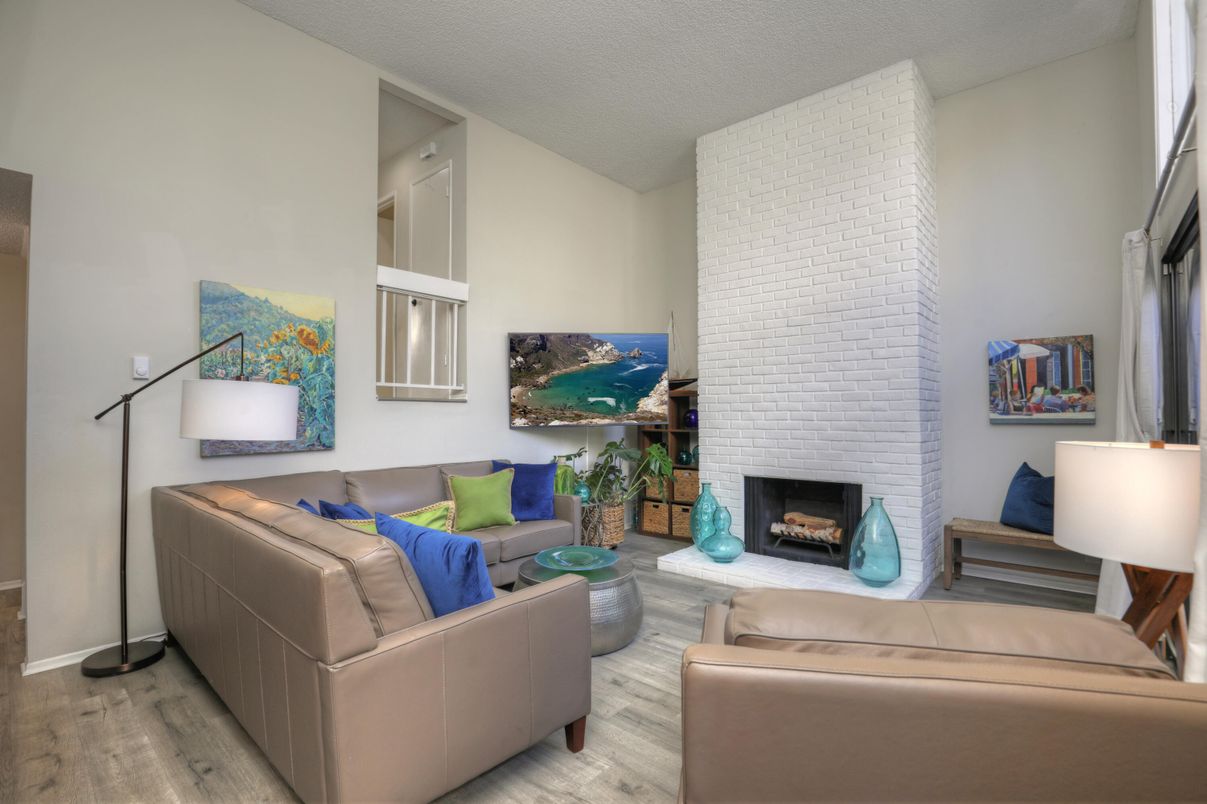 Fireplace, Interior, Living room, Stone Walls, Wood Texture Flooring