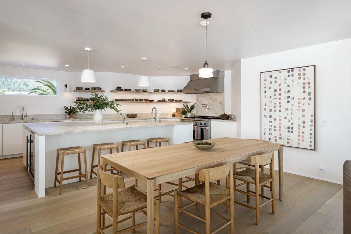 Dining room, Interior, Kitchen, Pendant Lights, Recessed Lighting, Wood Texture Flooring