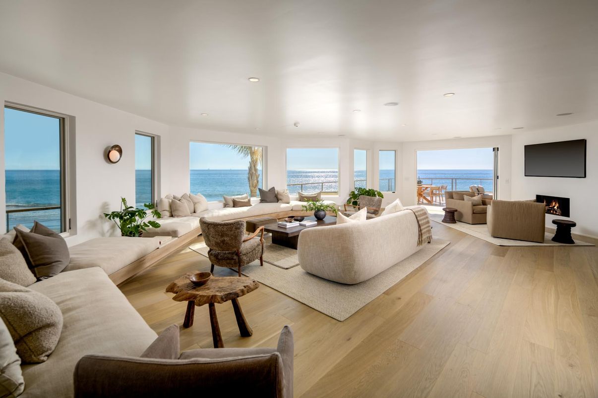 Fireplace, Interior, Living room, Recessed Lighting, Water, Wood Texture Flooring