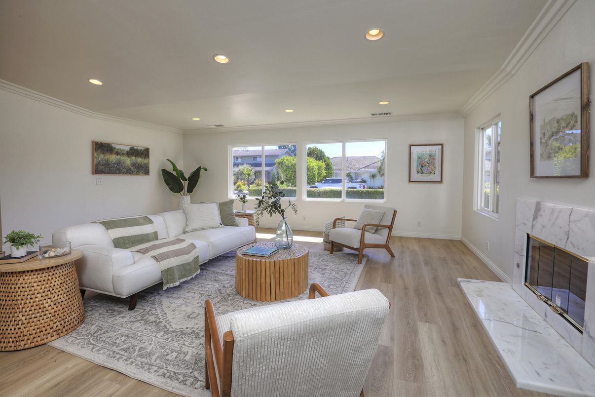 Fireplace, Interior, Living room, Recessed Lighting, Wood Texture Flooring