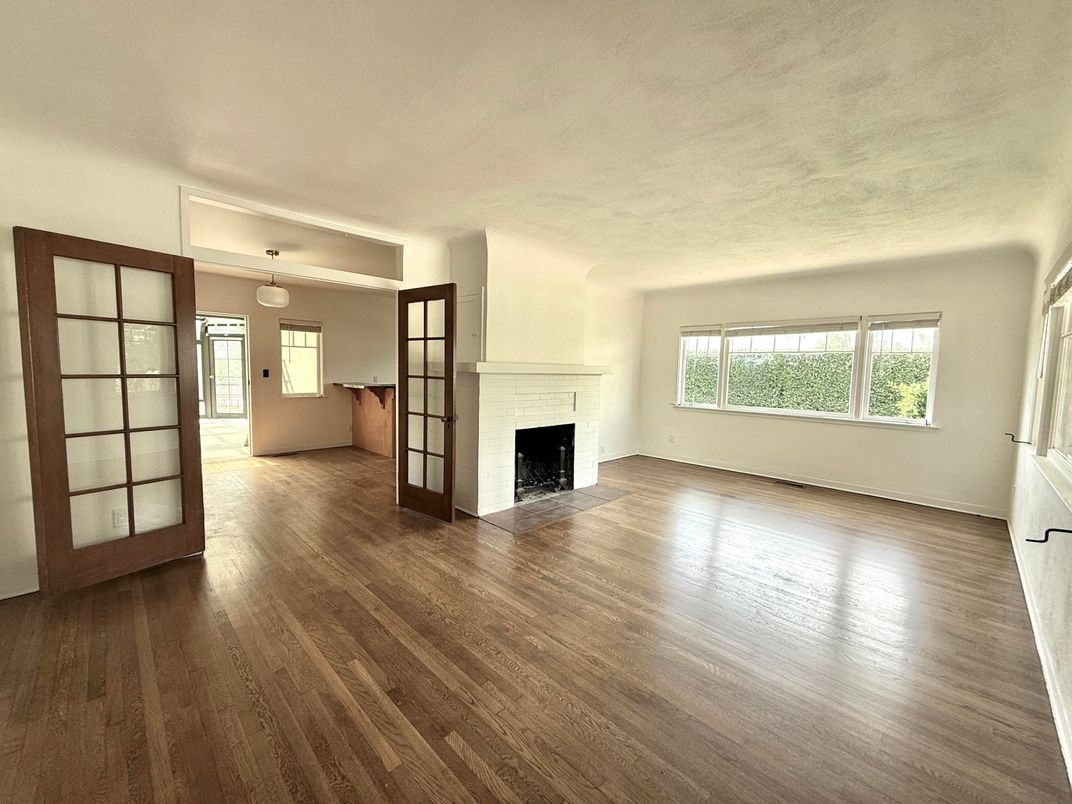 Empty room, Fireplace, Interior, Pendant Lights, Wood Texture Flooring
