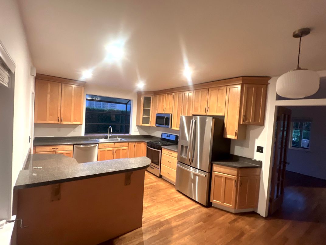 Interior, Kitchen, Pendant Lights, Recessed Lighting, Stainless Steel Appliances, Wood Texture Flooring