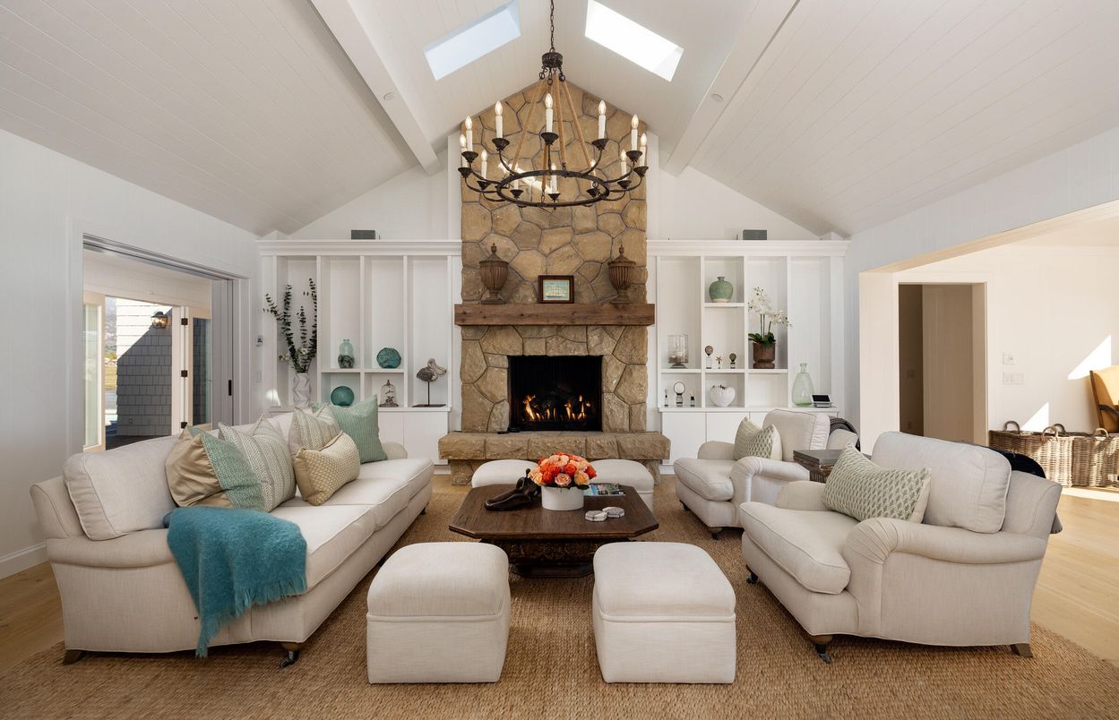 Chandelier, Fireplace, Interior, Living room, Stone Walls, Wood Texture Flooring