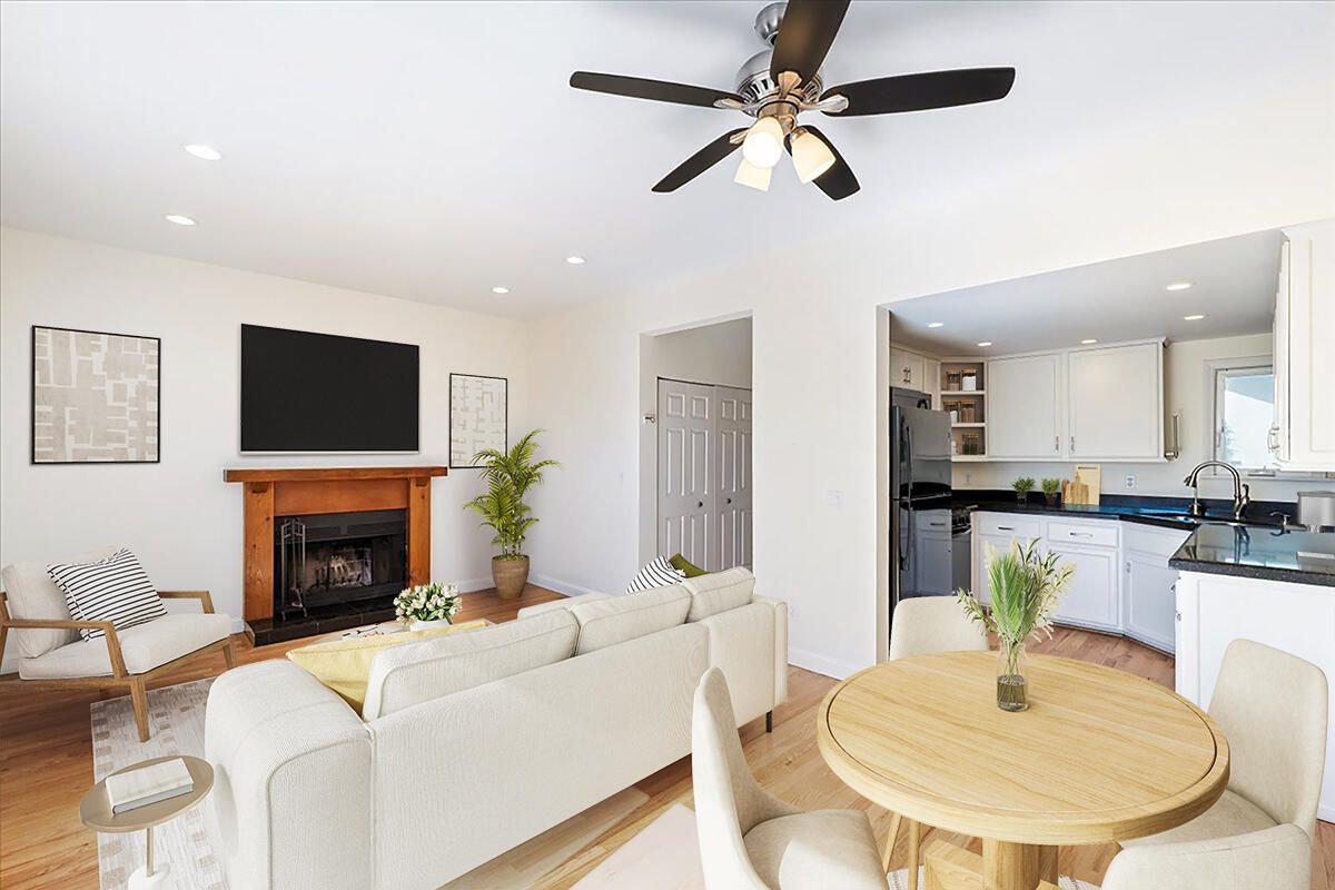 Fireplace, Interior, Kitchen, Living room, Recessed Lighting, Wood Texture Flooring