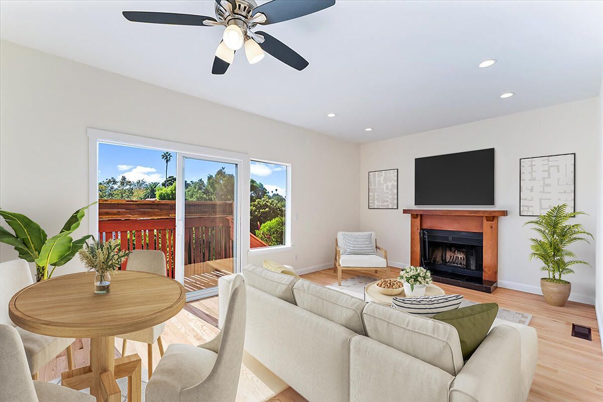 Dining room, Fireplace, Interior, Living room, Recessed Lighting, Wood Texture Flooring