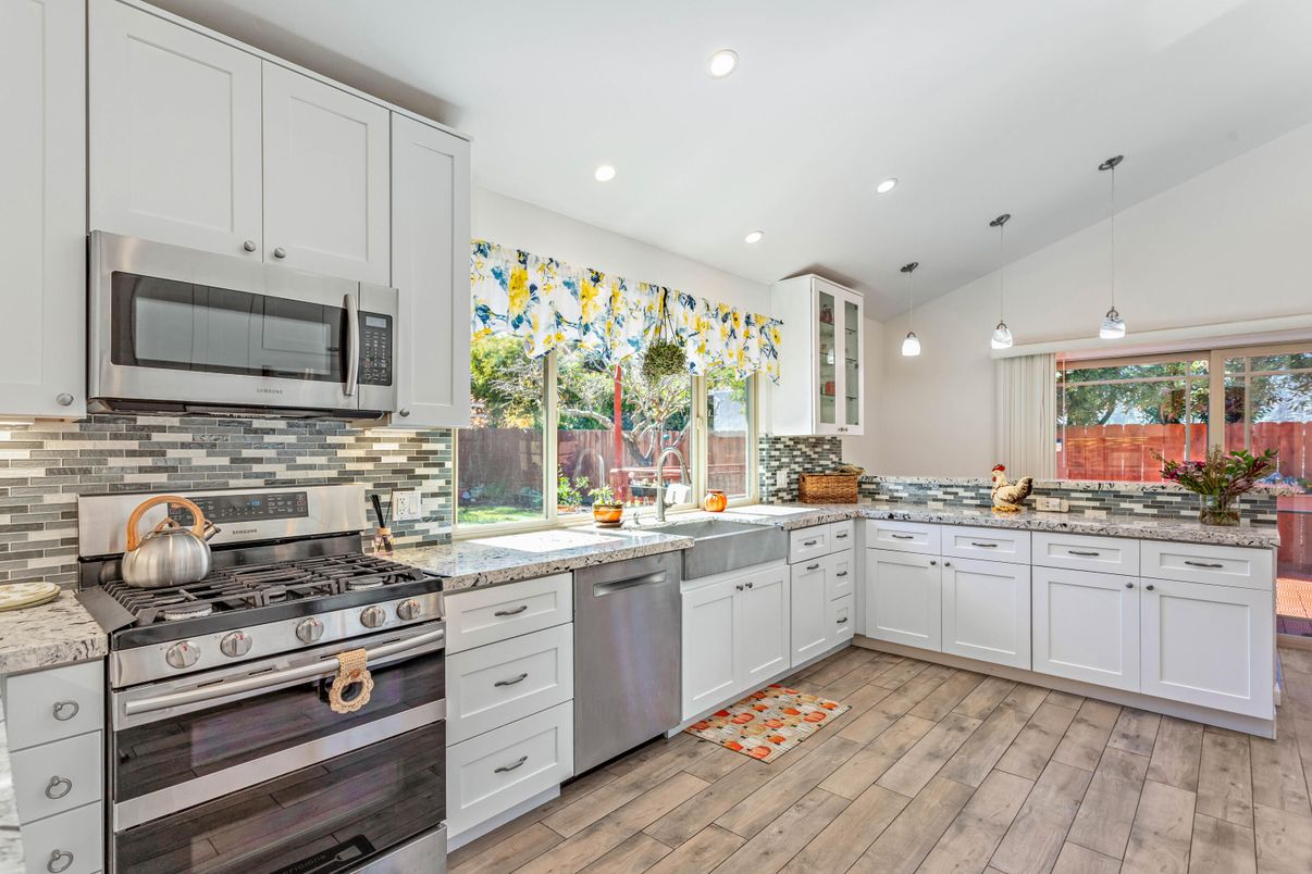 Interior, Kitchen, Pendant Lights, Recessed Lighting, Stainless Steel Appliances, Wood Texture Flooring