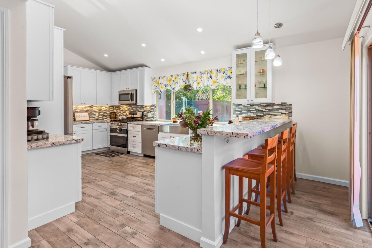 Interior, Kitchen, Pendant Lights, Recessed Lighting, Stainless Steel Appliances, Wood Texture Flooring