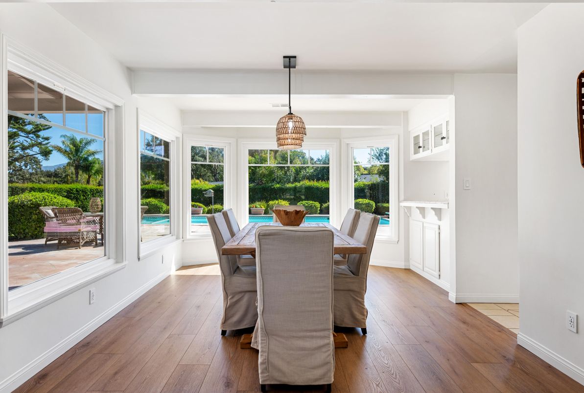 Dining room, Interior, Pendant Lights, Wood Texture Flooring