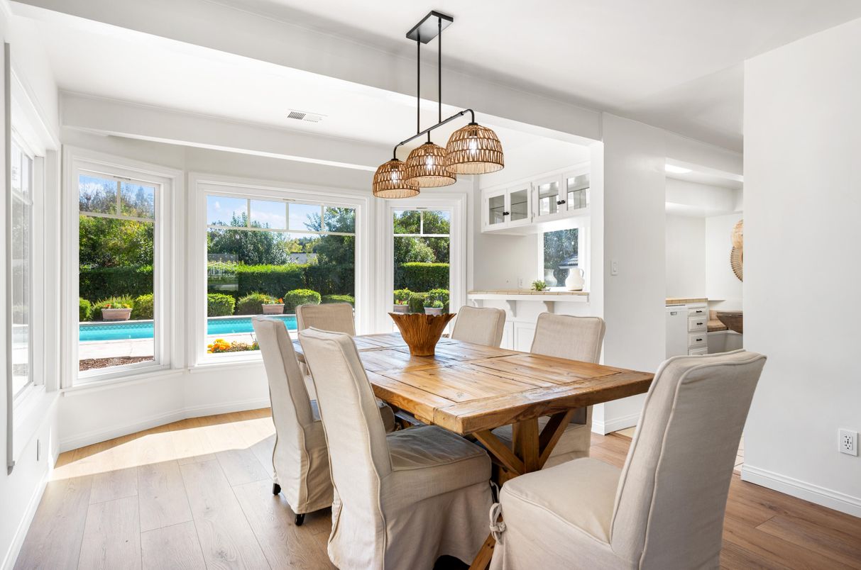 Dining room, Interior, Pendant Lights, Wood Texture Flooring