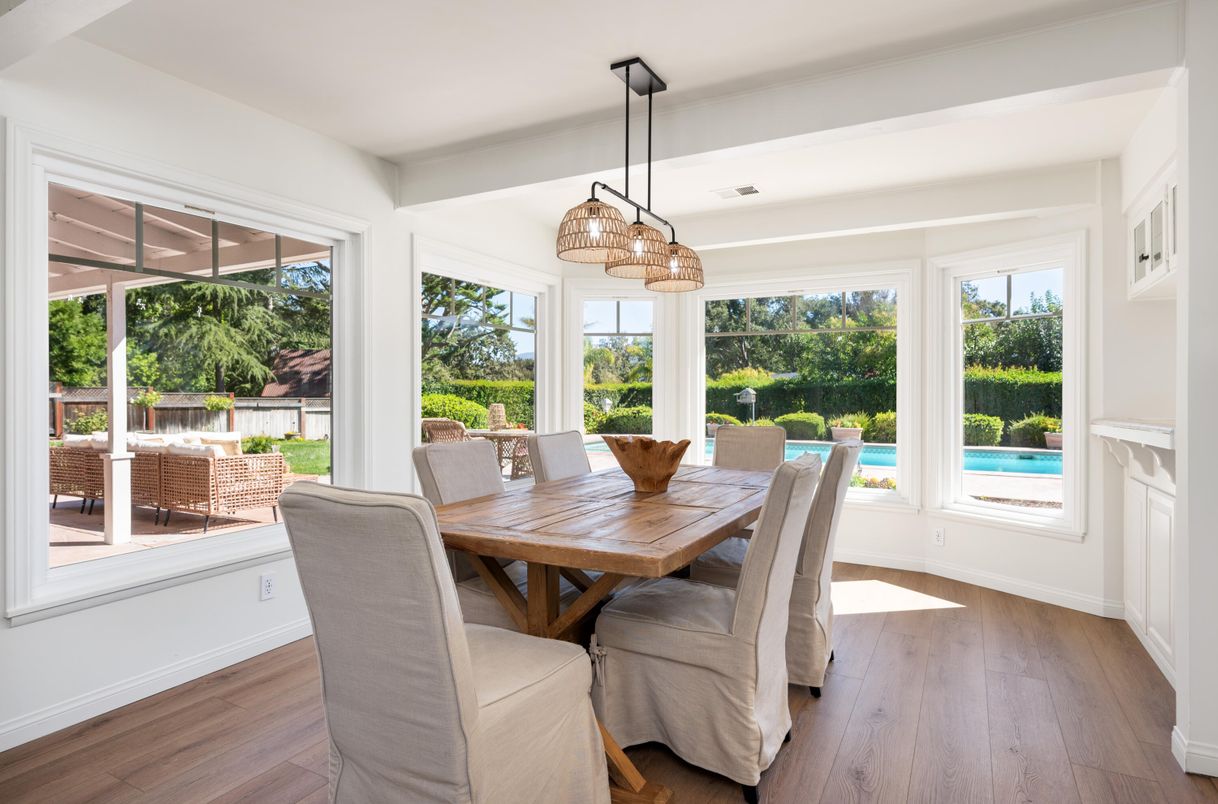 Dining room, Interior, Pendant Lights, Wood Texture Flooring