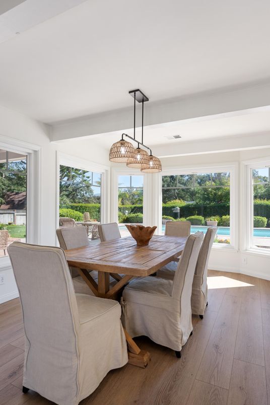 Dining room, Interior, Pendant Lights, Wood Texture Flooring