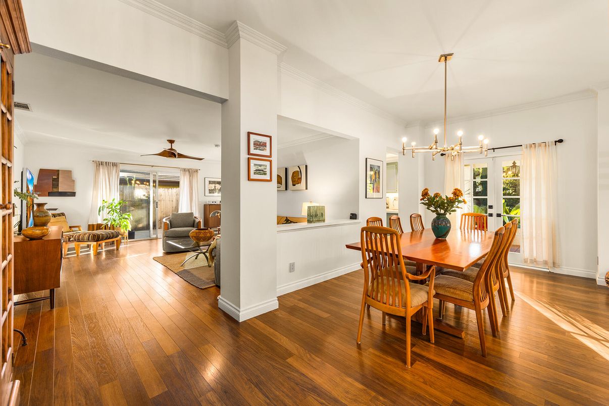 Dining room, Interior, Pendant Lights, Wood Texture Flooring