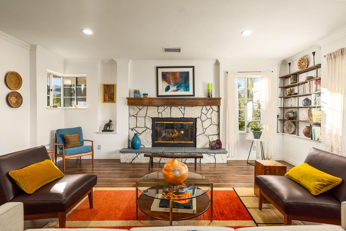 Fireplace, Interior, Living room, Recessed Lighting, Wood Texture Flooring