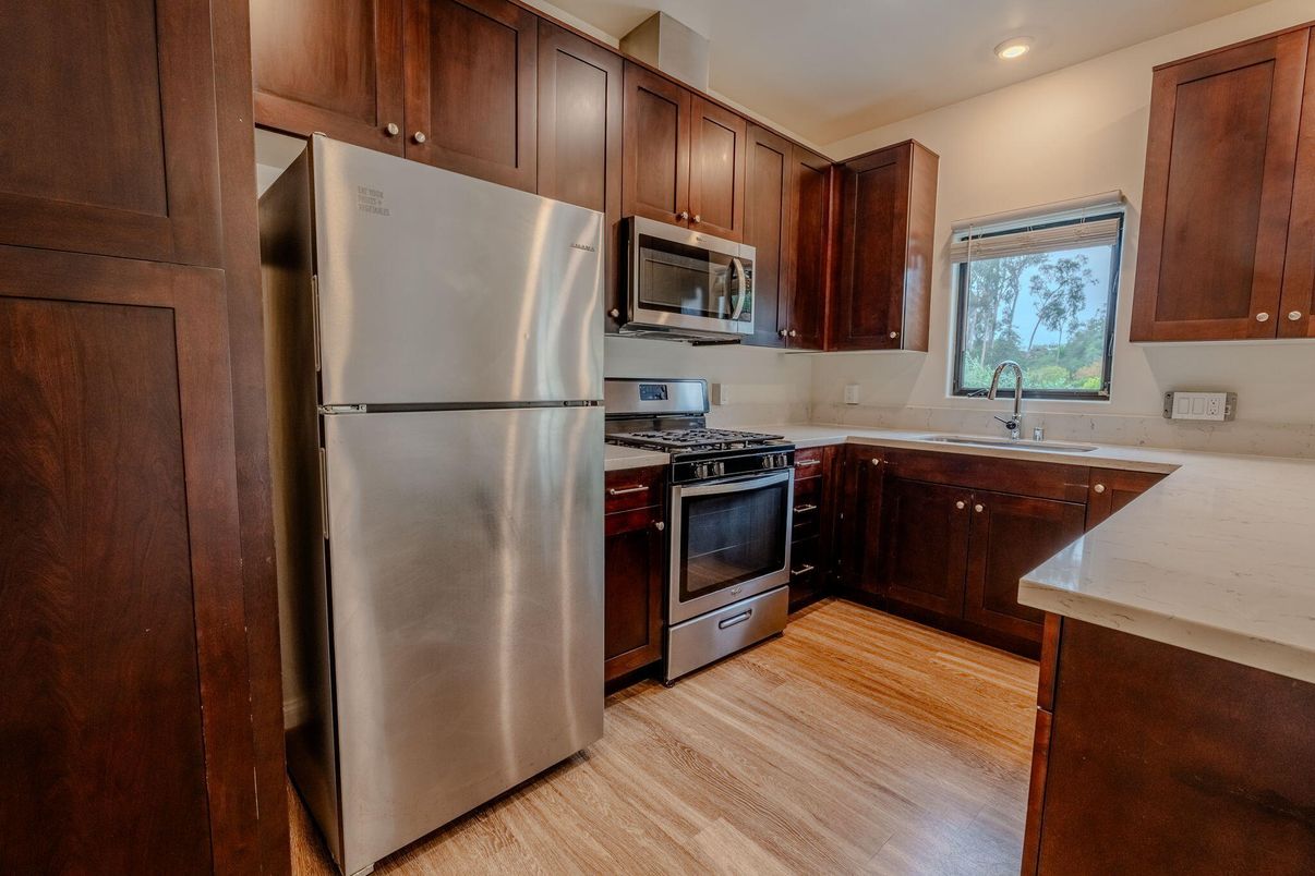 Interior, Kitchen, Recessed Lighting, Stainless Steel Appliances, Wood Texture Flooring