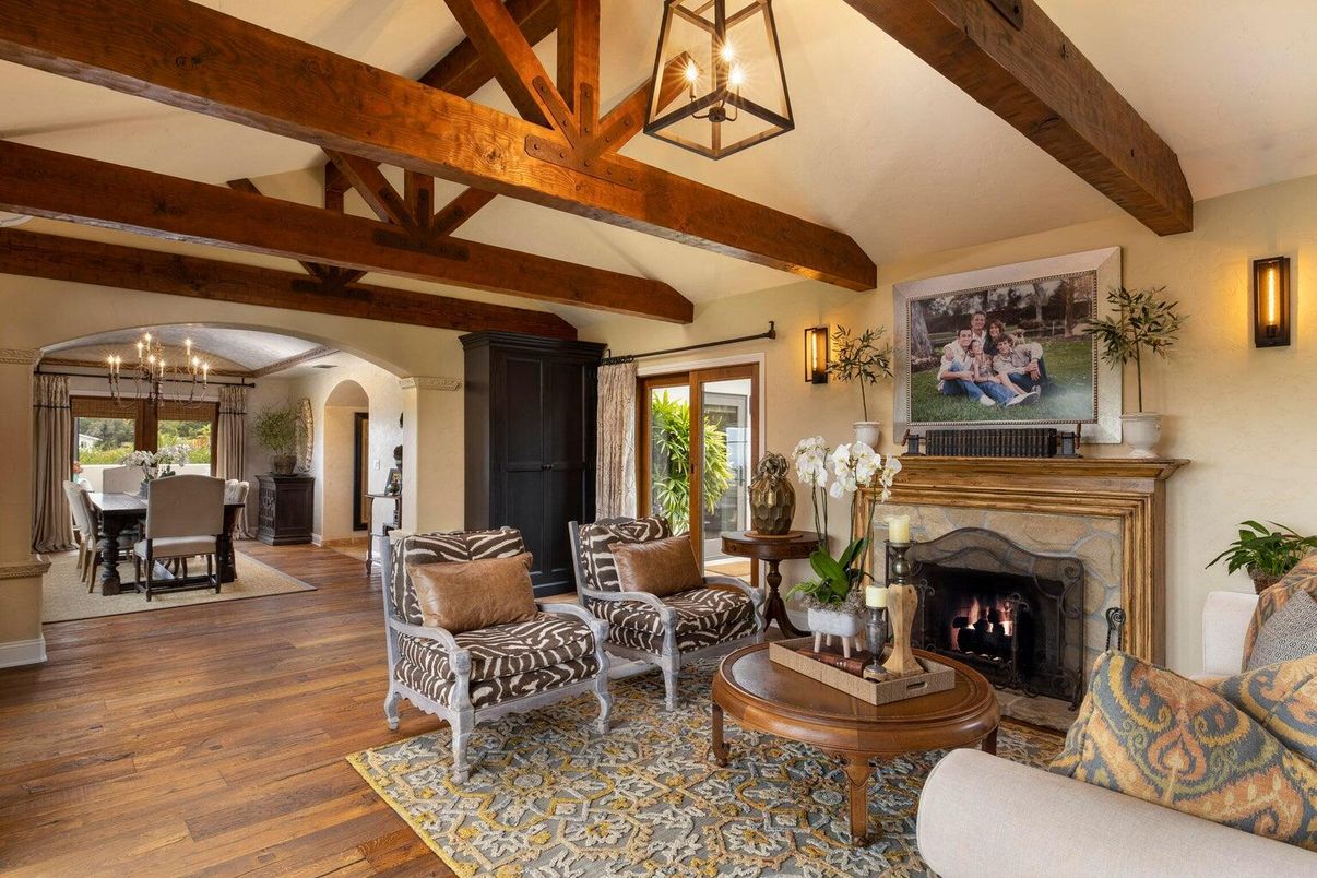 Chandelier, Dining room, Fireplace, Interior, Living room, Pendant Lights, Wooden Beams, Wood Texture Flooring