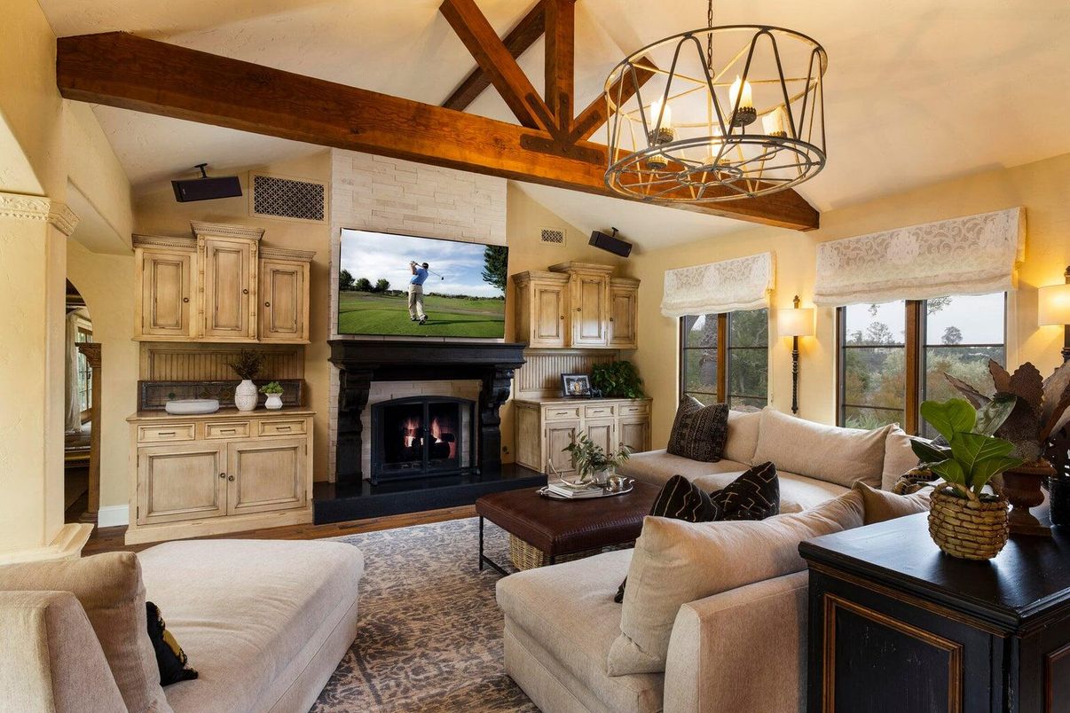 Chandelier, Fireplace, Interior, Living room, Stone Walls, Wooden Beams