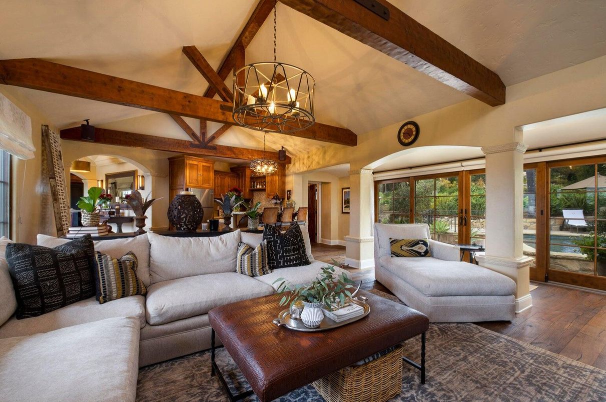 Chandelier, Dining room, Interior, Kitchen, Living room, Pendant Lights, Wooden Beams, Wood Texture Flooring