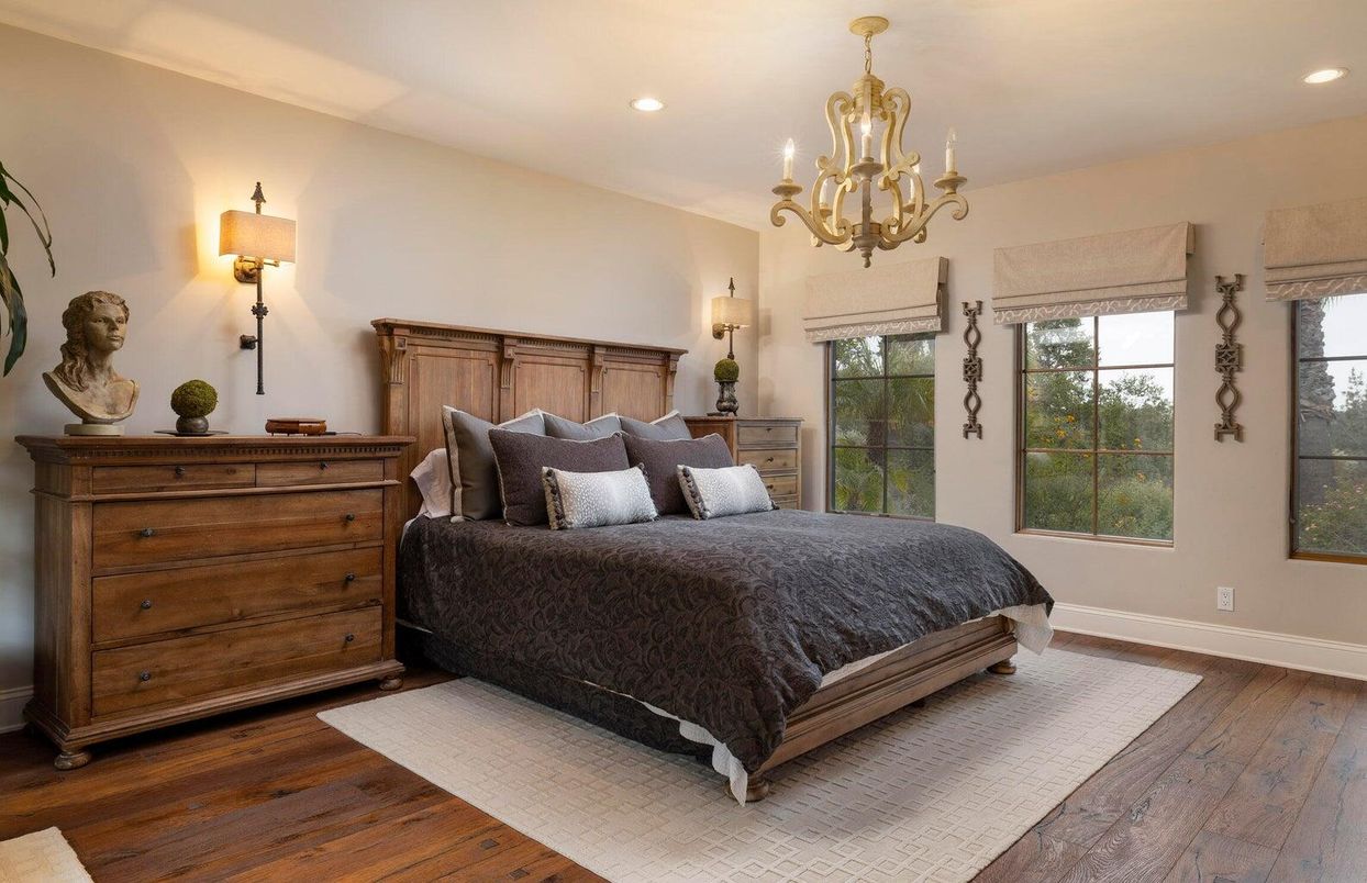 Bedroom, Chandelier, Interior, Recessed Lighting, Wood Texture Flooring