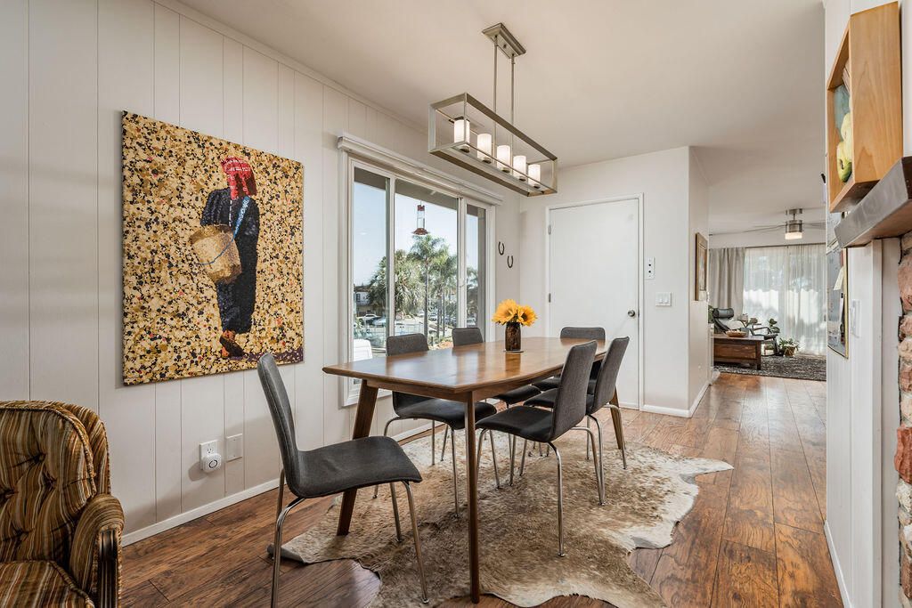 Dining room, Interior, Pendant Lights, Wood Texture Flooring