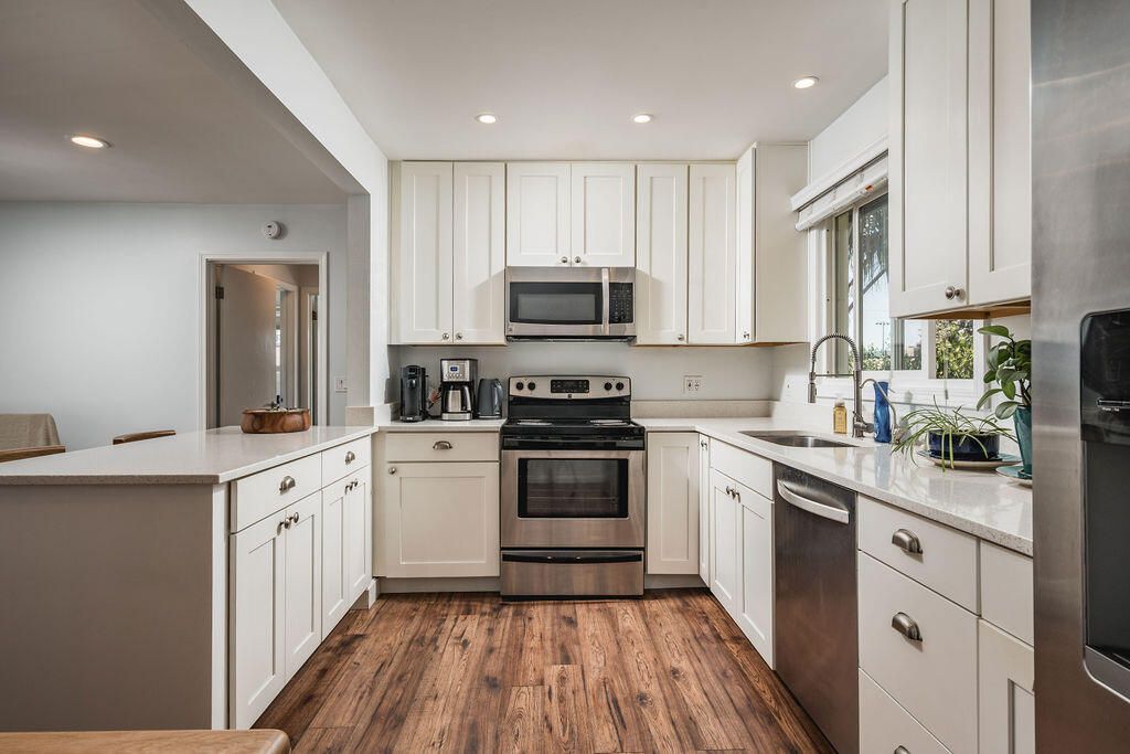 Interior, Kitchen, Recessed Lighting, Stainless Steel Appliances, Wood Texture Flooring