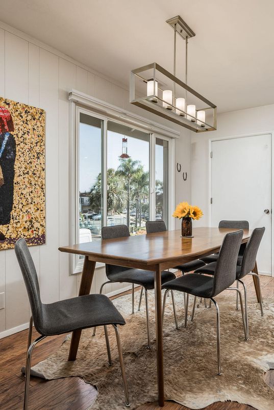 Dining room, Interior, Pendant Lights, Wood Texture Flooring