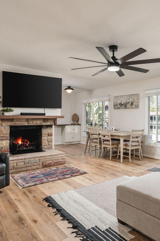 Dining room, Fireplace, Interior, Wood Texture Flooring