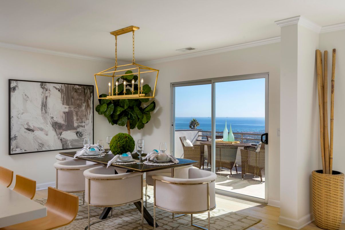Dining room, Interior, Pendant Lights, Water, Wood Texture Flooring