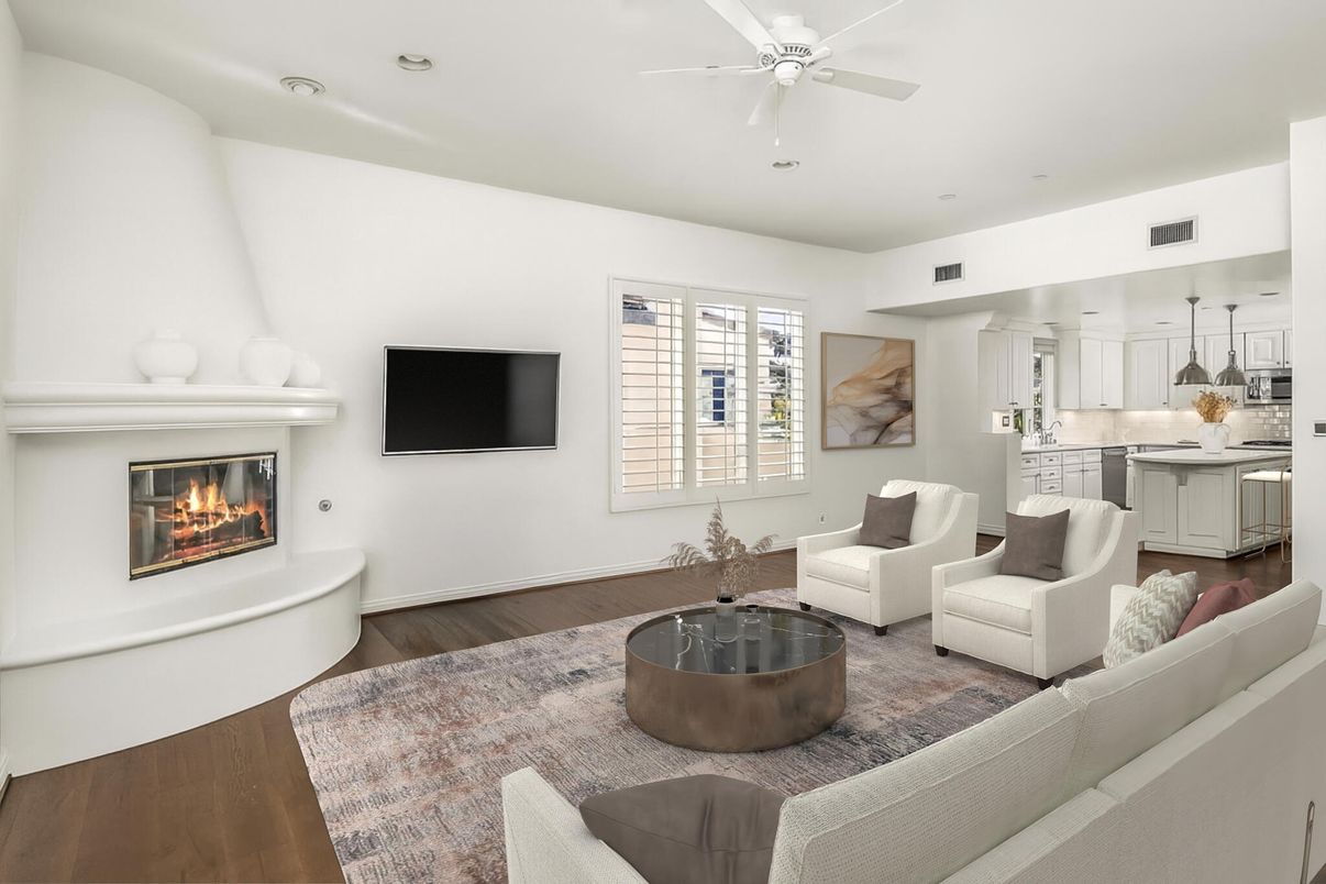 Fireplace, Interior, Kitchen, Living room, Recessed Lighting, Wood Texture Flooring