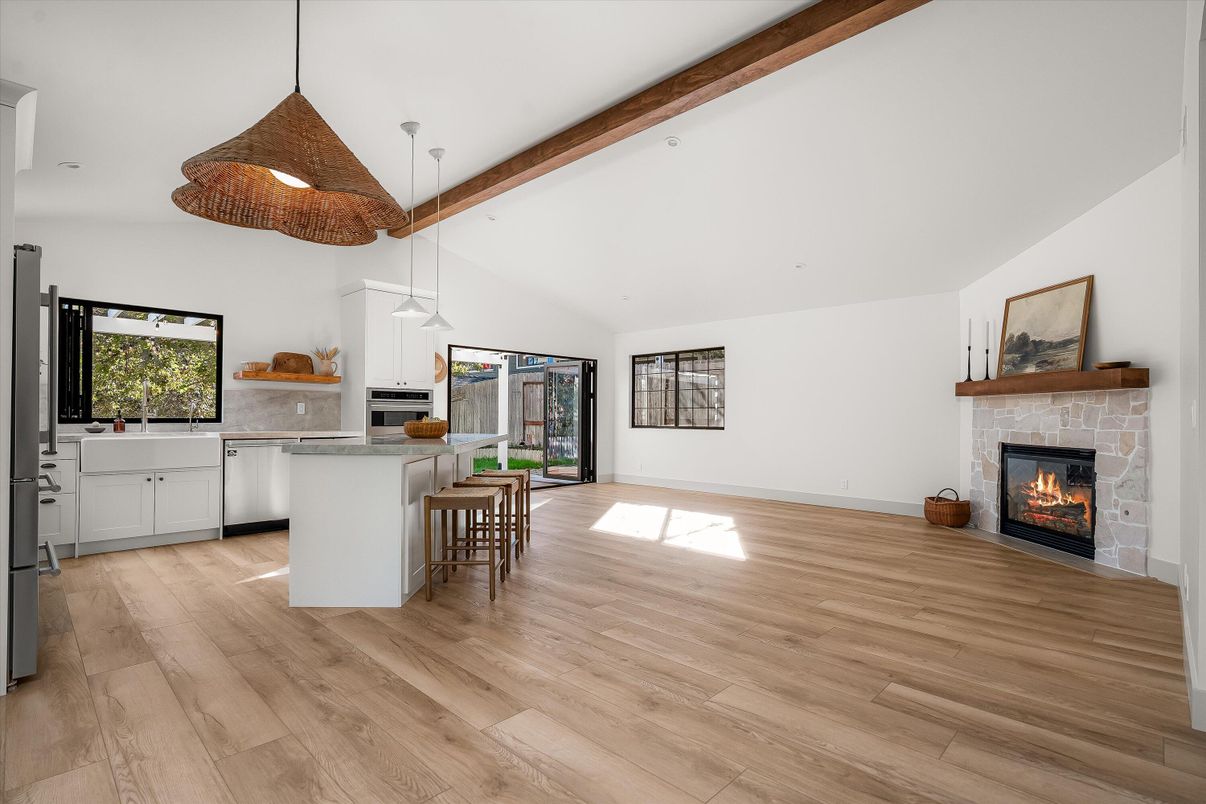 Dining room, Fireplace, Interior, Kitchen, Pendant Lights, Recessed Lighting, Wooden Beams, Wood Texture Flooring