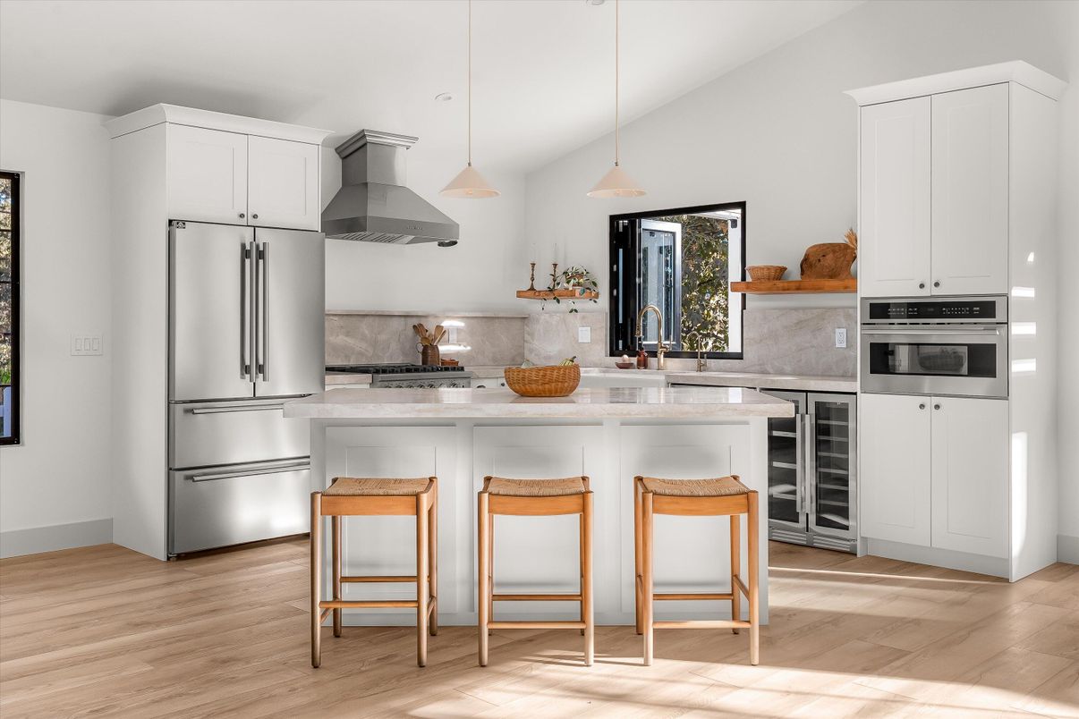 Interior, Kitchen, Pendant Lights, Stainless Steel Appliances, Wood Texture Flooring