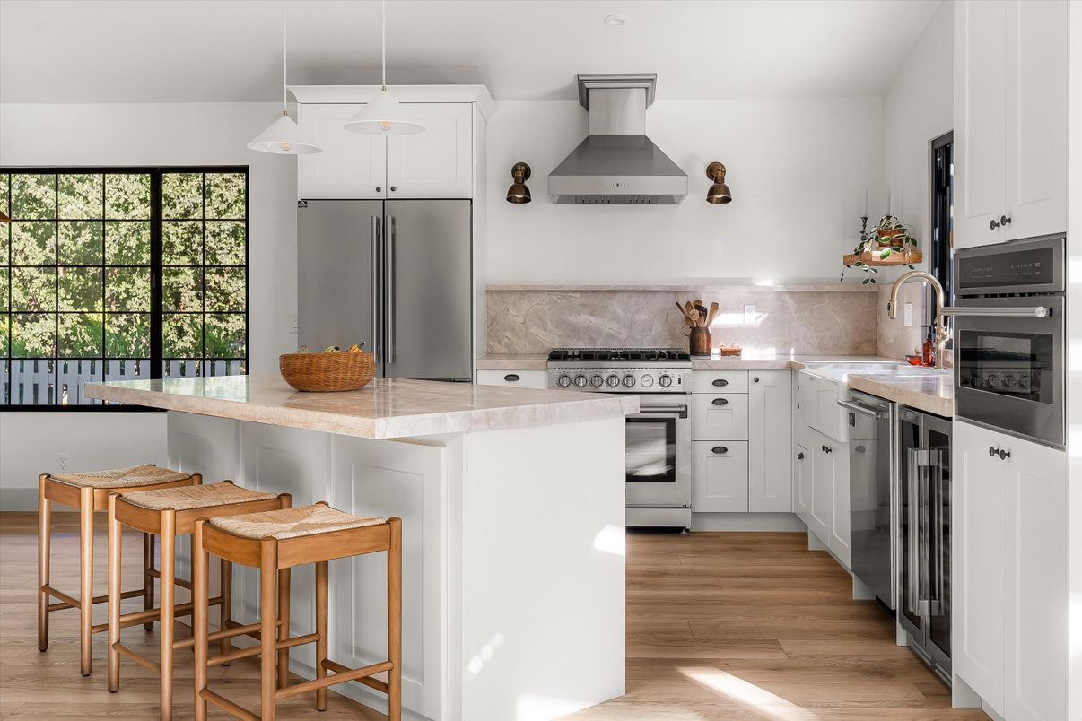 Interior, Kitchen, Pendant Lights, Stainless Steel Appliances, Wood Texture Flooring