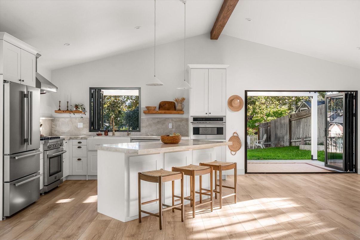 Interior, Kitchen, Pendant Lights, Recessed Lighting, Stainless Steel Appliances, Wooden Beams, Wood Texture Flooring