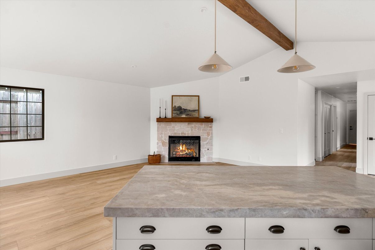 Empty room, Fireplace, Interior, Pendant Lights, Wooden Beams, Wood Texture Flooring