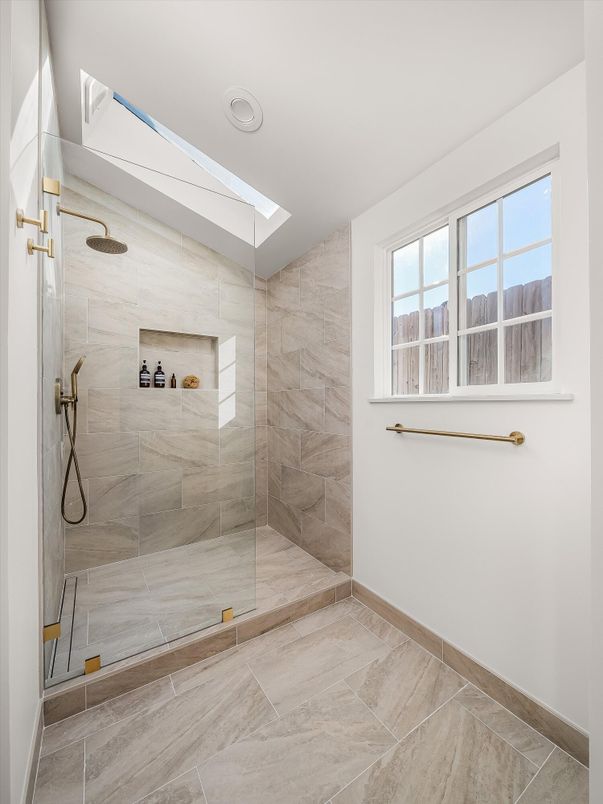 Bathroom, Glass Shower, Interior, Marble Walls, Recessed Lighting