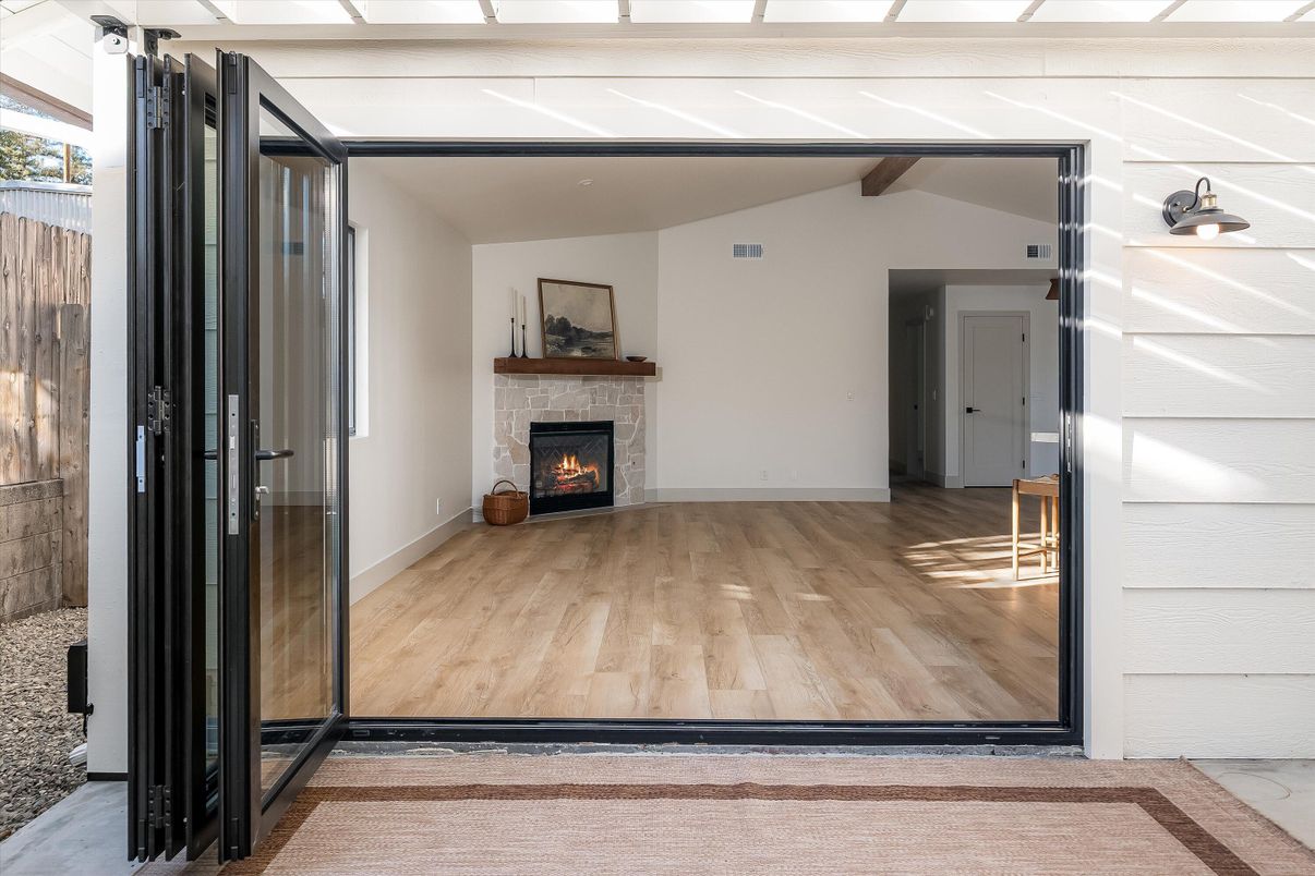 Empty room, Fireplace, Interior, Wooden Beams, Wood Texture Flooring