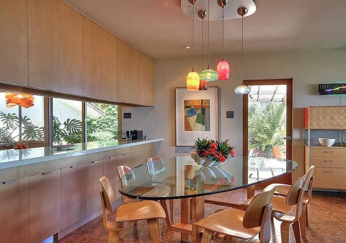 Dining room, Interior, Pendant Lights, Recessed Lighting, Wood Texture Flooring