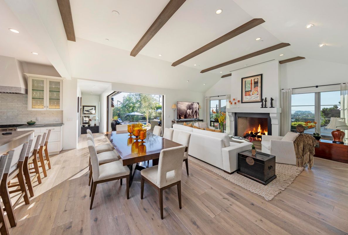 Dining room, Fireplace, Interior, Living room, Recessed Lighting, Wooden Beams, Wood Texture Flooring