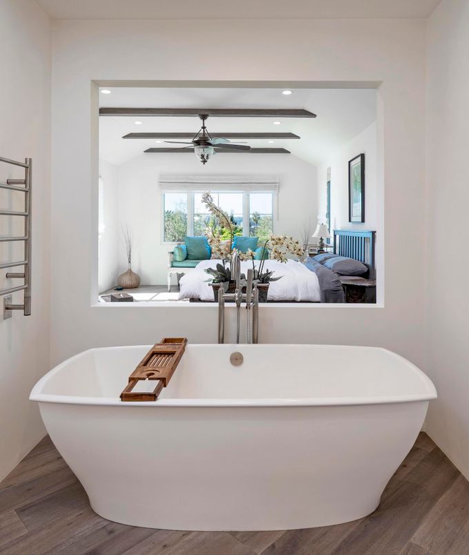 Bathroom, Bedroom, Free Standing Baths, Interior, Recessed Lighting, Wood Texture Flooring