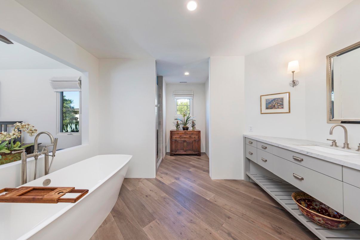 Bathroom, Dual Sink Vanities, Free Standing Baths, Interior, Recessed Lighting, Wood Texture Flooring