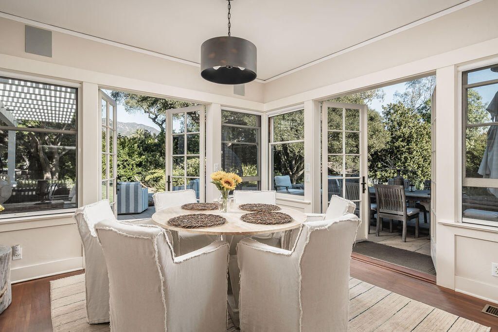 Dining room, Interior, Pendant Lights, Sun Room, Wood Texture Flooring