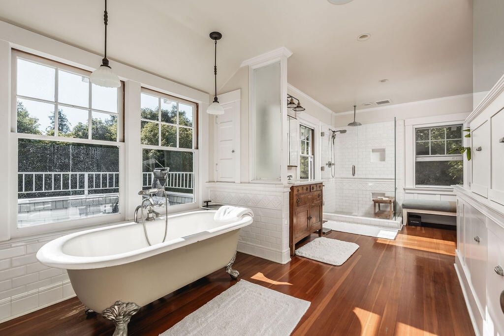 Bathroom, Free Standing Baths, Glass Shower, Interior, Pendant Lights, Recessed Lighting, Wood Texture Flooring