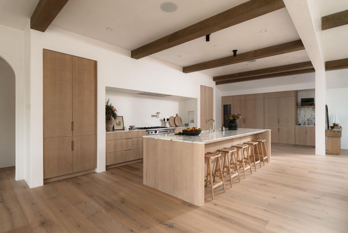 Interior, Kitchen, Recessed Lighting, Wooden Beams, Wood Texture Flooring