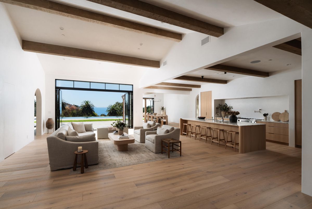 Interior, Kitchen, Living room, Recessed Lighting, Water, Wooden Beams, Wood Texture Flooring