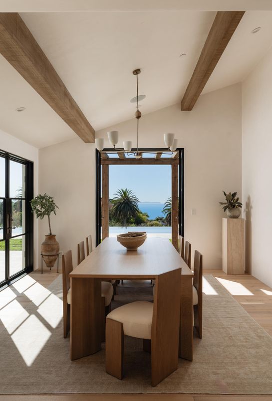 Dining room, Interior, Pendant Lights, Recessed Lighting, Water, Wooden Beams, Wood Texture Flooring