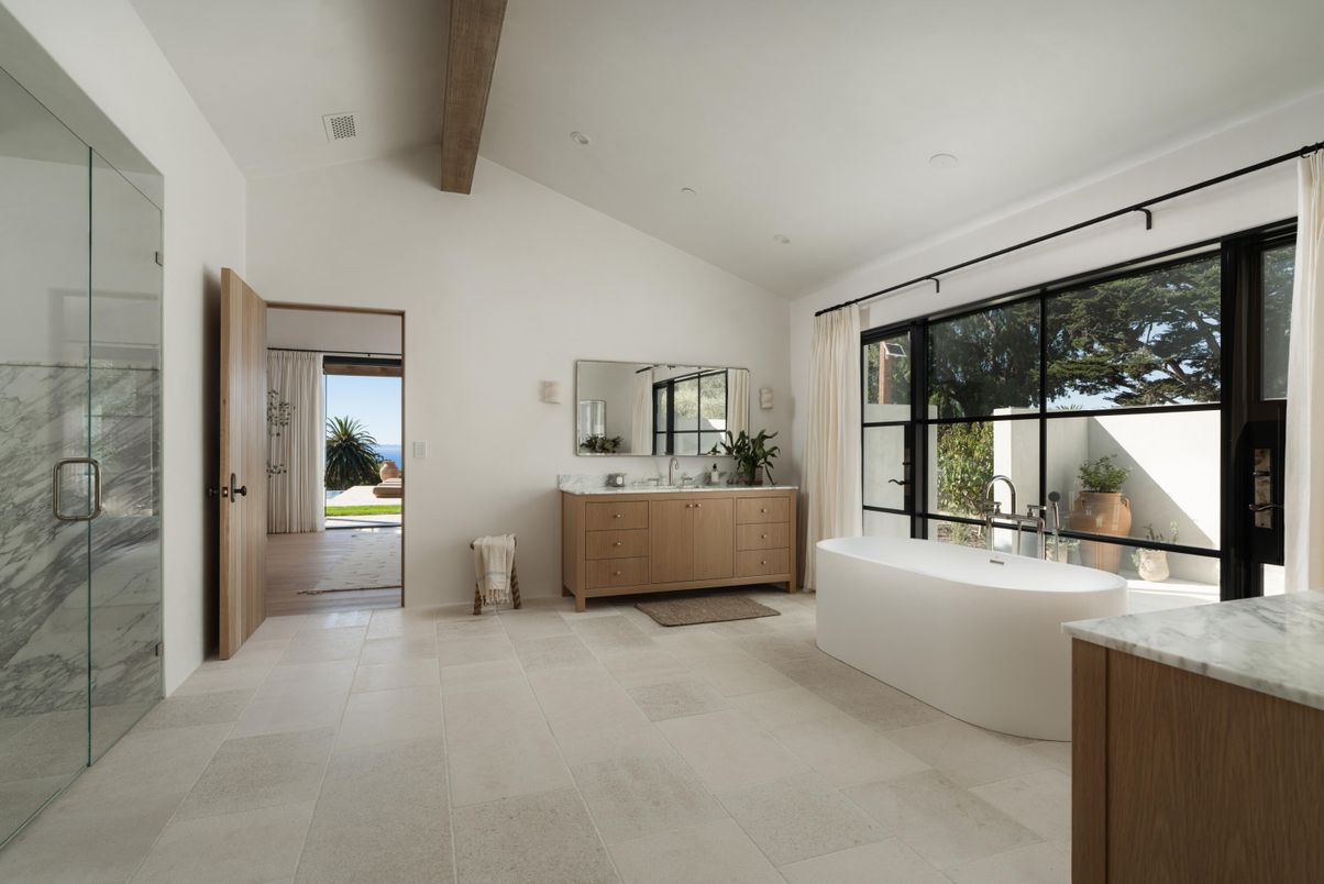 Bathroom, Dual Sink Vanities, Free Standing Baths, Glass Shower, Interior, Marble Walls, Recessed Lighting, Wooden Beams