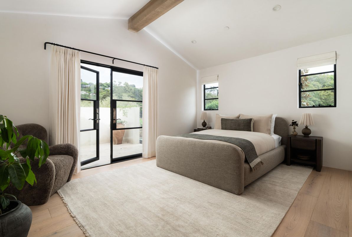 Bedroom, Interior, Recessed Lighting, Wooden Beams, Wood Texture Flooring